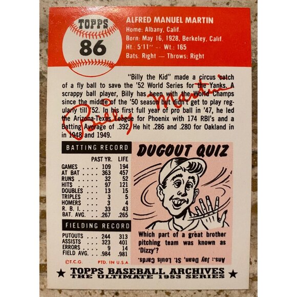 1953 Topps Baseball Archives Billy Martin Card New York Yankees Second Base Vint - Picture 2 of 2